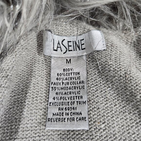 Vintage GRAY Metallic Faux Fur Collar Asymmetrical Hem Open Knit Cardigan Size M - Picture 15 of 17